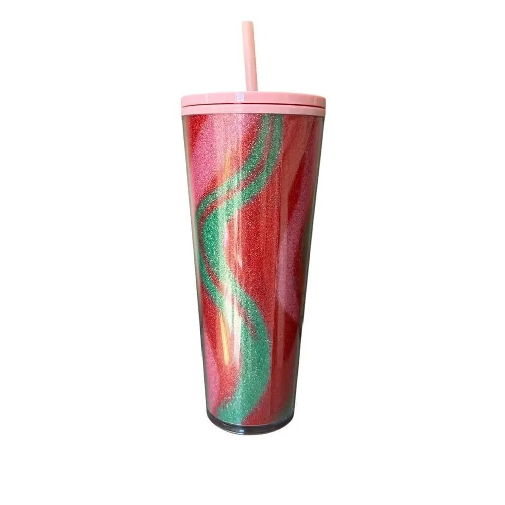 Starbucks Pink Swirl Cold Cup Tumbler 24 oz. Holiday Multicolor with straw